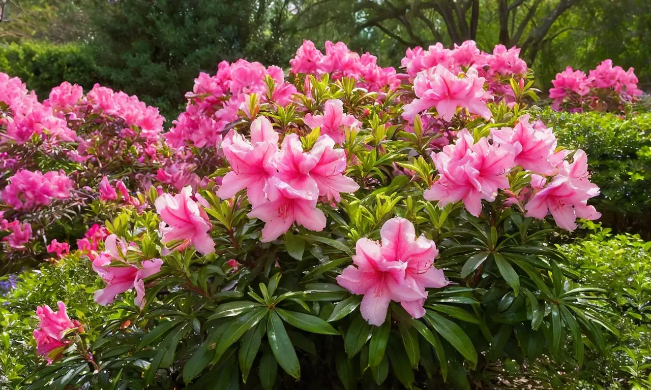 Jardín vibrante de azaleas bajo el sol