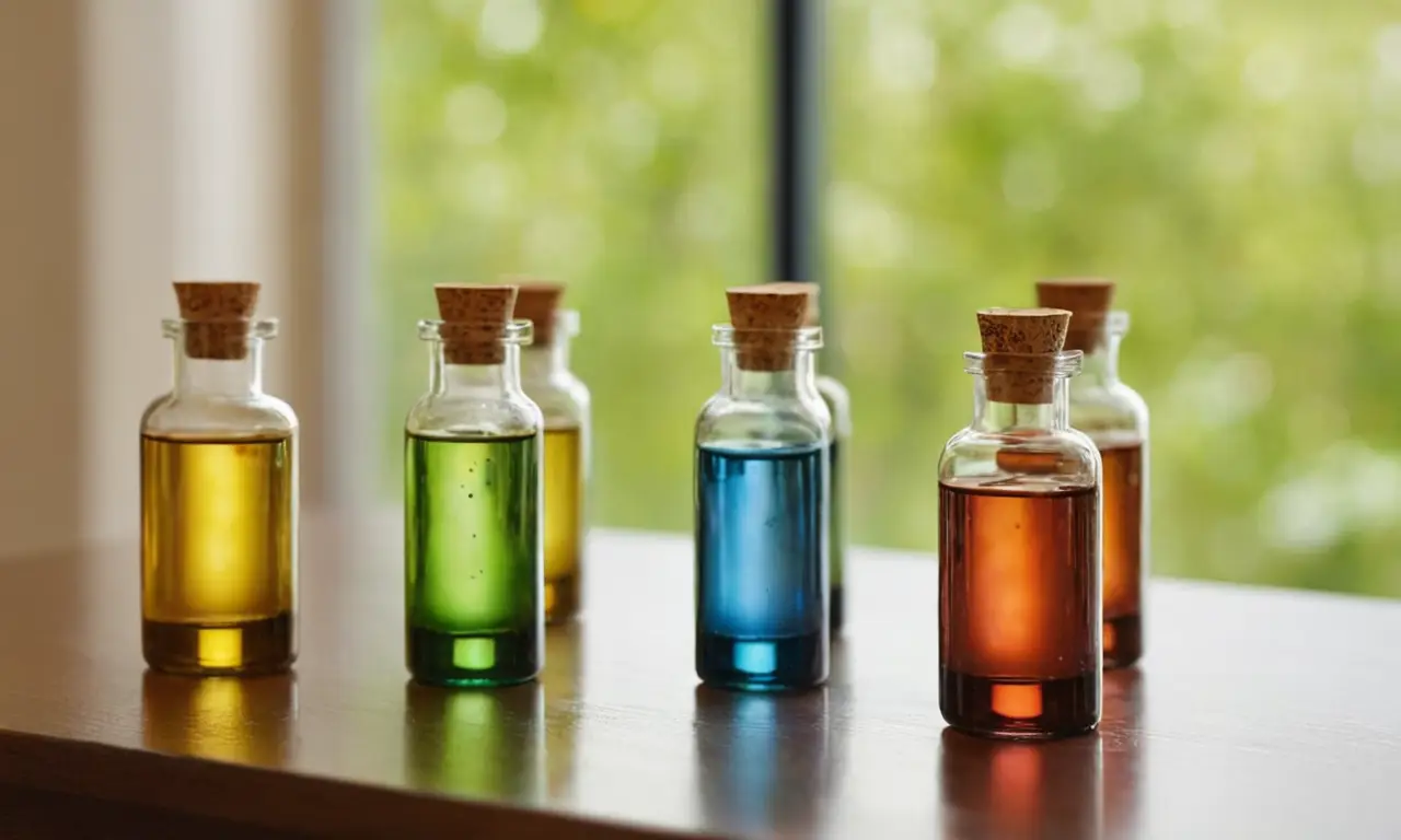 Viales coloridos sobre mesa de madera