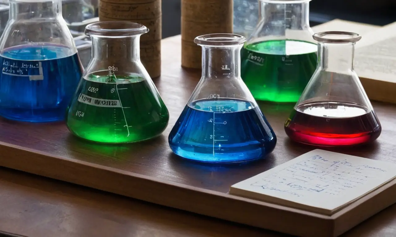 Mesa de laboratorio llena de coloridos frascos