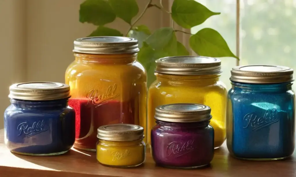 Mesa de madera con vibrantes frascos de polvo