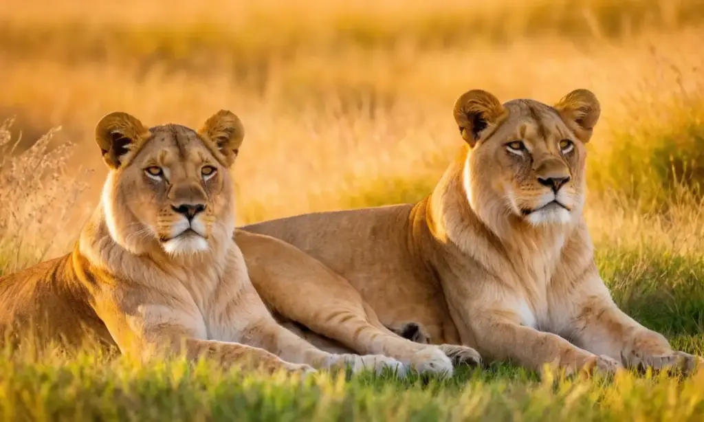 Leones majestuosos descansan en pradera dorada