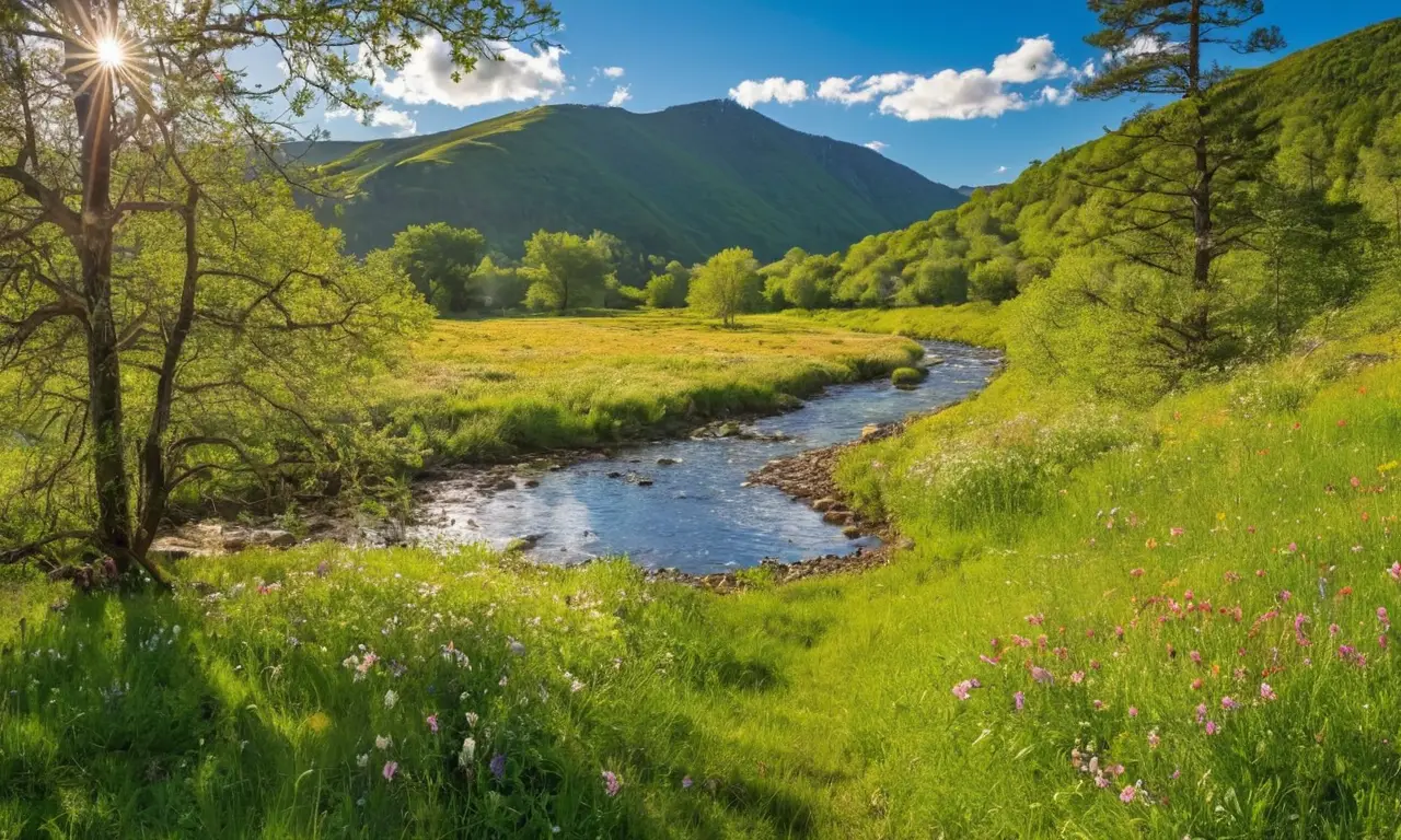 Paisaje diverso y vibrante bajo un cielo azul